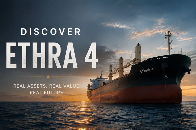 An advertisement reading "DISCOVER ETHRA 4 - REAL ASSETS. REAL VALUE. REAL FUTURE." featuring a large cargo ship named "ETHRA 4" sailing on the ocean at sunset.