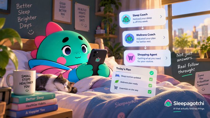 Promotional image for 'Sleepagotochi' featuring a cute green dinosaur character holding a phone in bed, with labels for Sleep Coach, Wellness Coach, and Shopping Agent.