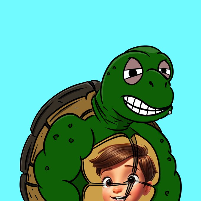 Cartoon illustration of a green turtle with a wide, toothy grin looming behind a smiling brown-haired boy with freckles, set against a teal background.