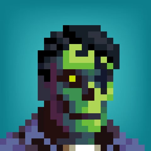 A pixel art portrait of a green-skinned character resembling a zombie or mutant with dark hair, rendered in blocky, low-resolution pixels against a teal background.