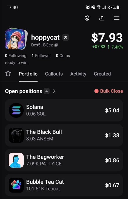 A mobile screenshot of a crypto trading account for 'hoppycat' showing a portfolio value of $7.93 (+7.4%) with open positions in Solana (0.06 SOL), The Black Bull, The Bagworker, and Bubble Tea Cat.