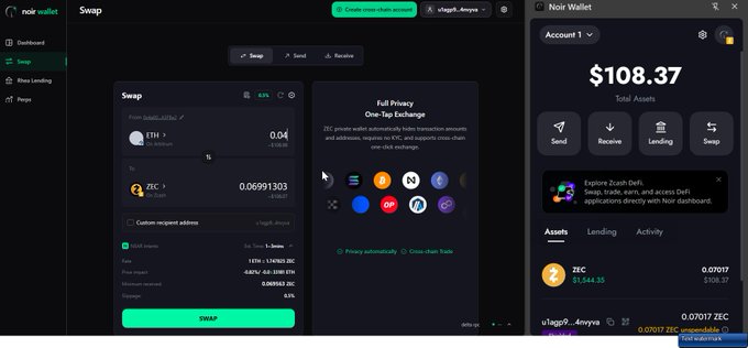 A screenshot of a 'Noir Wallet' interface showing a swap from ETH to ZEC with a total balance of $108.37.