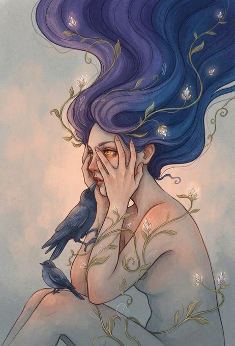A fantasy illustration of a woman with flowing purple-blue hair, golden eyes, and dark birds perched among vines and white flowers.