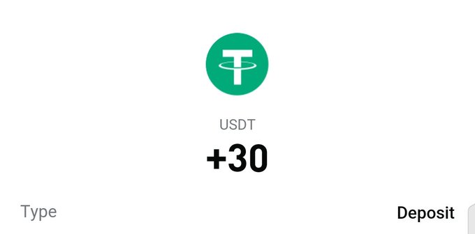 A mobile app screen displaying a USDT (Tether) deposit confirmation with a +30 amount.