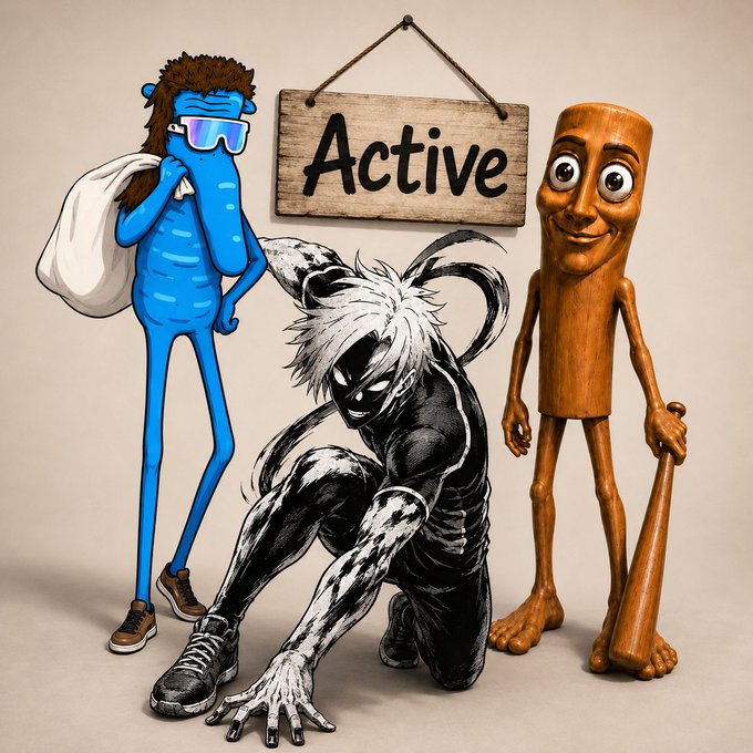 An artistic composition featuring three stylized characters — a blue figure with sunglasses, a black-and-white crouching anime-style figure, and a wooden mannequin — beneath a hanging wooden sign reading 'Active'.