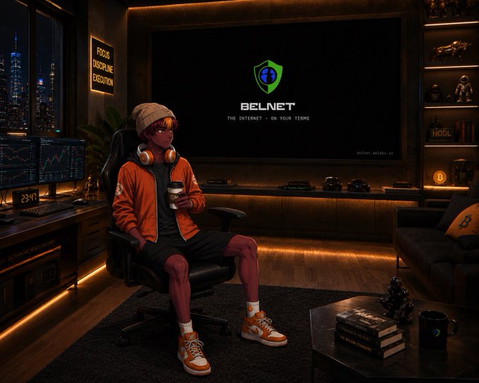 A stylized scene of a young person in an orange jacket, beanie, and headphones sitting in a gaming/office room with a 'BELNET - THE INTERNET - ON YOUR TERMS' logo on a large screen in the background.