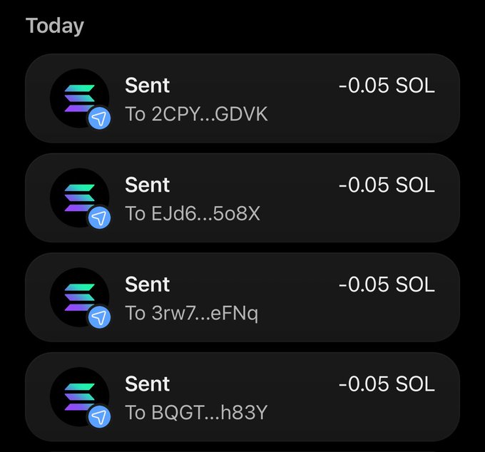 The image displays a cryptocurrency transaction history showing four "Sent" entries on Solana (SOL), each for -0.05 SOL to different wallet addresses (2CPY…GDVK, EJd6…5o8X, 3rw7…eFNq, and BQGT…h83Y). This corresponds to the post's claim of sending money to four tagged users (@mopidopee, @RdRezcomm, @Tired_gbolahan, and @emadoisbullish), serving as proof of payment before asking "Who's next?"