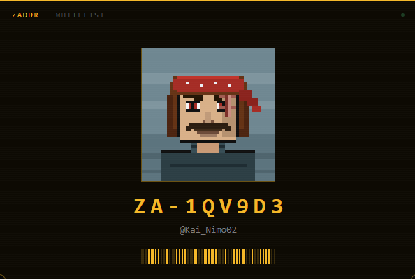 A pixel art character wearing a red bandana with the text 'ZADDR WHITELIST', 'ZA-1QV9D3', and '@Kai_Nimoo2' displayed on a black background with a barcode at the bottom.