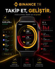 Promotional graphic for Binance TR showing a smartwatch displaying crypto market data (Bitcoin at 2,458,678, with changes of -80, -75, and -60) alongside statistics like "5/5," "402," "13.04," and "6.20," reinforcing the post's theme of anxiously watching Bitcoin's decline while stressing the need to protect mental and physical health during market volatility.