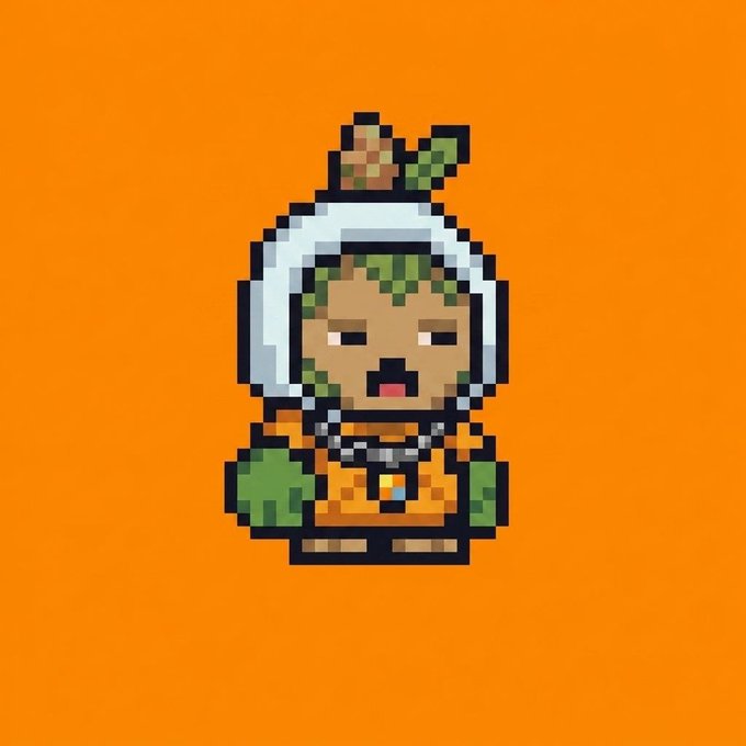 A pixel art illustration of a character with green hair, an orange outfit, and a white hood, set against an orange background.