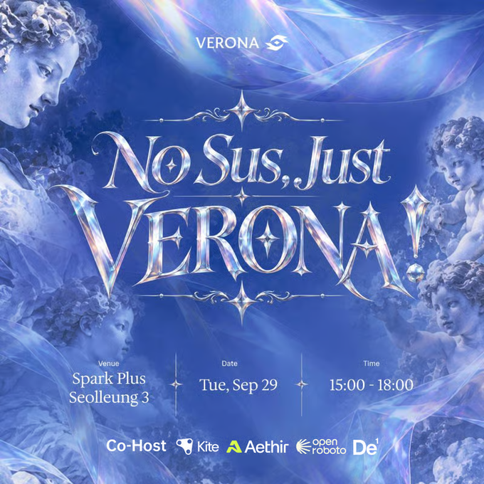 Promotional poster for Verona's event "No Sus, Just Verona" hosted at Spark Plus Seolleung on Tuesday, September 29 from 15:00-18:00, featuring co-hosts GoKiteAI, Aethir, Open Roboto, and De1. The ethereal blue, angel-themed design with classical sculptures complements the post's invitation to attend the in-person walkthrough following Verona's major announcement.