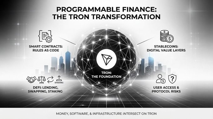 An infographic titled 'PROGRAMMABLE FINANCE: THE TRON TRANSFORMATION' illustrating how money, software, and infrastructure intersect on the TRON blockchain, highlighting smart contracts, stablecoins, DeFi, and protocol risks.
