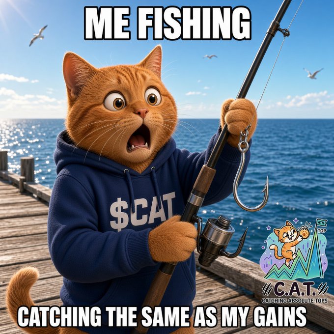 A shocked orange cat in a "$CAT" hoodie holds a fishing rod on a pier with an empty hook, captioned "ME FISHING / CATCHING THE SAME AS MY GAINS," with a "C.A.T. - Catching Absolute Tops" logo. The meme visually jokes about the poster's zero catches and zero portfolio gains, with the empty hook and cat's stunned expression perfectly mirroring the frustration of both fishing and investing.