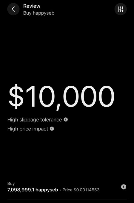 A crypto trading app review screen displaying a $10,000 buy order for the "happyseb" token at $0.00114553 per unit (totaling 7,098,999.1 happyseb), with warnings of high slippage tolerance and high price impact. The image illustrates a significant purchase commitment toward the post's call to push the happyseb token's market cap past $5 million, with the author pledging $25,000 to the token's namesake.