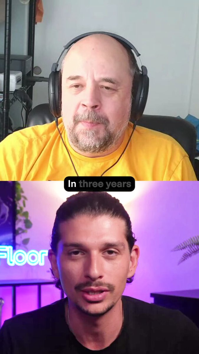 The image shows two men wearing headphones, with one man's face being displayed on a computer screen while the other man's face is not shown at all. The text "In three years" is present in both images. This suggests that they are having an online conversation or video call where they are discussing something related to cryptocurrency and its future development.