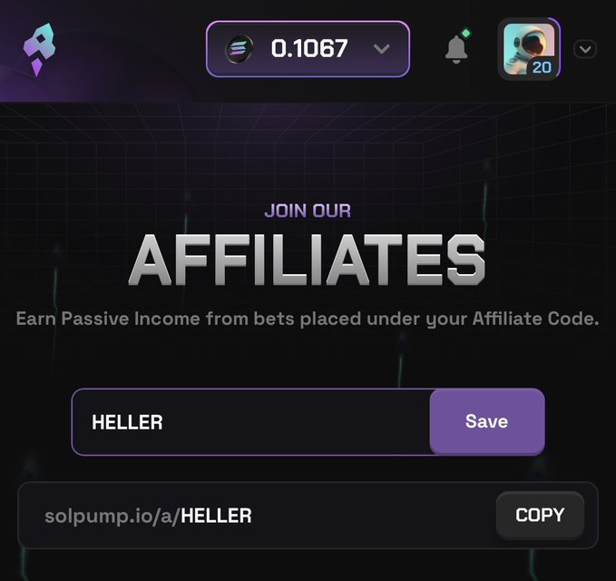 Solpump affiliate program dashboard displaying 'JOIN OUR AFFILIATES' with the affiliate code 'HELLER' set to earn passive income, showing a referral link solpump.io/a/HELLER, a balance of 0.1067 SOL, and 20 notifications.