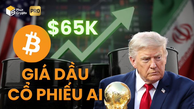 This image, featuring the Bitcoin logo, oil barrels, flags of the USA and Iran, and Donald Trump, visually represents the potential volatility in oil prices and other markets influenced by geopolitical tensions, as suggested by the text "GIÁ DẦU & CỔ PHIẾU AI" (Oil Prices & Stocks AI) and "$65K".
