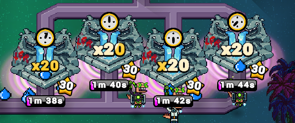 A pixel-art game screenshot showing four identical monster statues with timer icons (1m 38s, 1m 40s, 1m 42s, 1m 44s), each displaying 'x20' reward multipliers and '30' values.