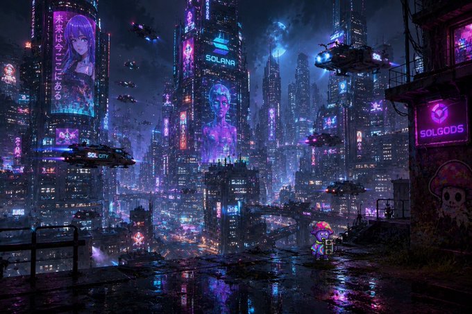 A cyberpunk-style cityscape at night featuring neon signs for 'SOLANA' and 'SOLGODS', with flying vehicles and a small character in the foreground.