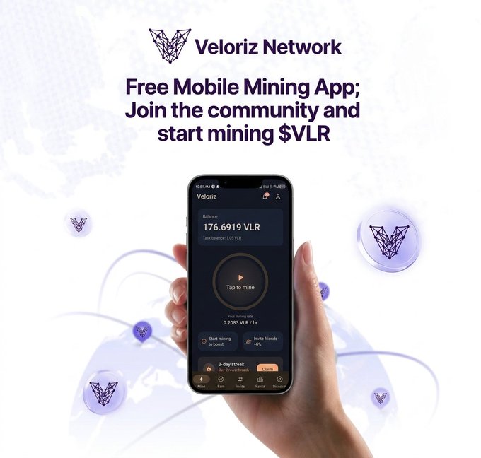 An advertisement for 'Veloriz Network' promoting a free mobile mining app where users can mine $VLR, showing a smartphone displaying a balance of 176.6919 VLR.