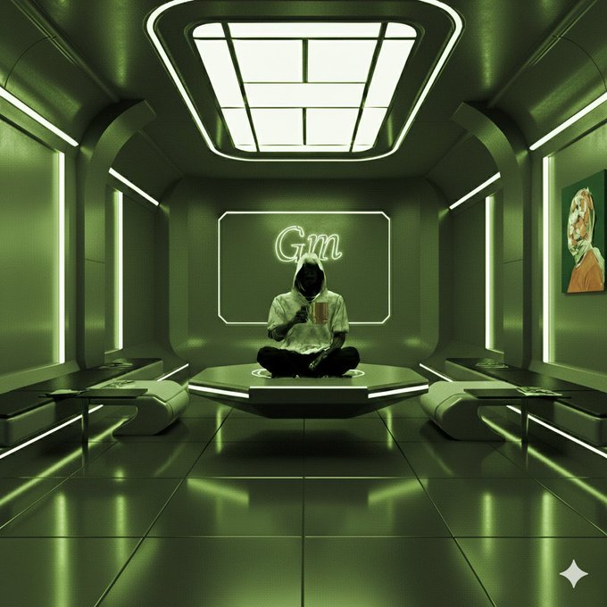 A stylized, green-lit futuristic room where a hooded figure sits cross-legged in a meditative pose holding a mug, with a neon 'Gm' sign glowing on the wall behind them.