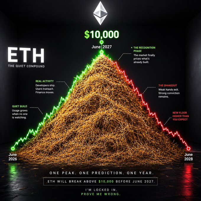 The image features a large stack of brown hay representing $10,000 worth of Ether coins. The hay is stacked on top of itself, reaching a peak before gradually breaking down over time. Below this, there are some red lines, possibly representing different financial indicators or data points for Ether trading. In the bottom right corner, there is text that seems to be related to the post by saying "I've learned to pay more attention to what' s been quietly built than what's being loudly debated." This could be a metaphor about focusing on the valuable aspects of a particular cryptocurrency like Ether.