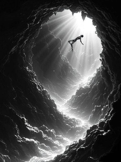 A dramatic black and white illustration showing a human figure falling through light rays at the opening of a dark, cavernous abyss with swirling clouds.