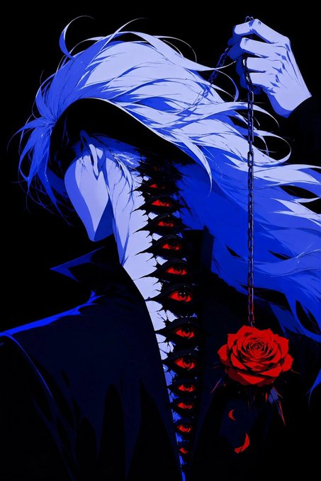 An anime-style character with flowing blue hair holds a single red rose against a dark background, their silhouette revealing a spine of red eyes. The haunting visual pairs with the "Good morning" greeting to create an edgy, artistic vibe.
