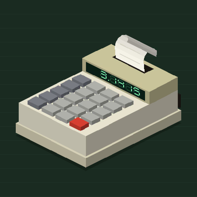 An isometric 3D illustration of a beige cash register with grey buttons, a red button, and a paper receipt on top, displayed on a dark green background.
