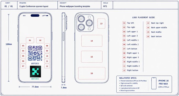 A technical specification sheet for a phone wallpaper branding template, displaying iPhone 16 Pro Max dimensions (160mm x 77.6mm x 7.8mm) with 16 designated logo placement zones, a central QR code branded "@ST3CU," and a logo placement guide for crypto conference sponsors. The image relates to the post by illustrating the precise layout template the marketer uses to customize their phone wallpaper with sponsor QR codes for networking at the KBW and Token2049 Singapore conferences.