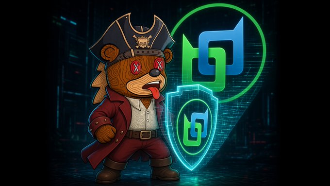 A cartoon pirate-themed monkey character with red eyes and a tongue out, standing next to a glowing green and blue shield with a logo.