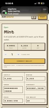 A Sub Cartel 'fuck emlro' marketplace listing for 'Mint' shown on a mobile app, priced at 0.0001 ETH with a supply of 2,222 tokens.