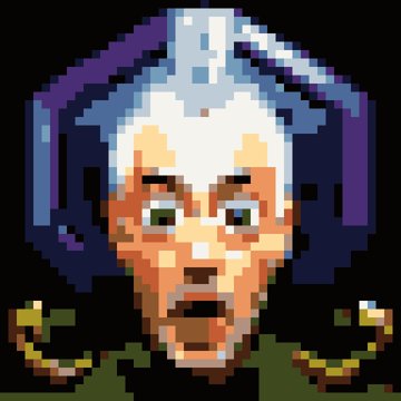 A pixel art portrait of a character with white hair and what appears to be a crown or headpiece.