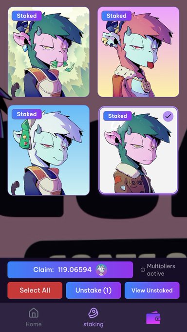 A mobile app interface showing four character avatar cards, all marked "Staked", with a claim balance of "119.06594" and options to "Select All", "Unstake (1)", and "View Unstaked".