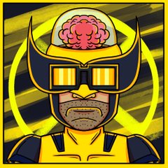 A digital illustration of a masked character in a yellow and black helmet featuring a brain graphic on the forehead.