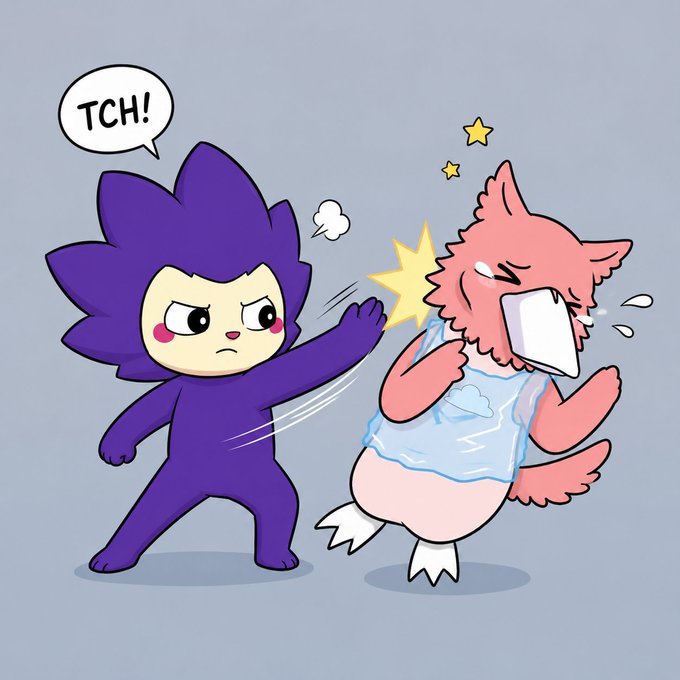 A cartoon illustration shows a purple hedgehog-like character saying "TCH!" while slapping a pink, crying bird-like character who is holding a phone, with impact stars visible between them.