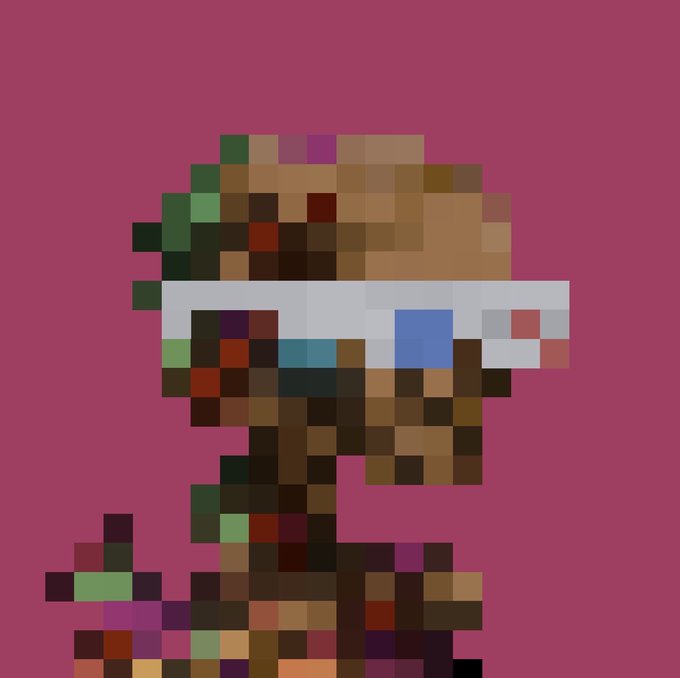 A heavily pixelated/blocky art style portrait of a person wearing white sunglasses against a solid magenta/pink background.