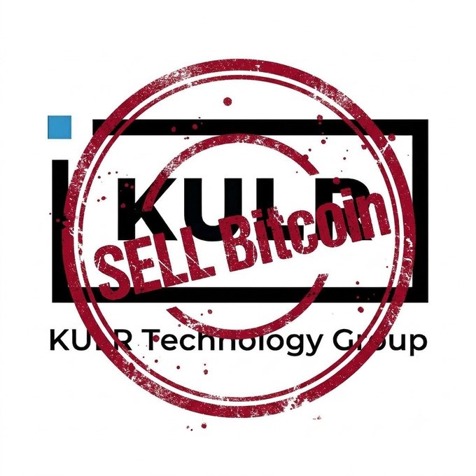 A red grunge stamp reading 'SELL Bitcoin' overlays the black logo of 'KUUR Technology Group'.