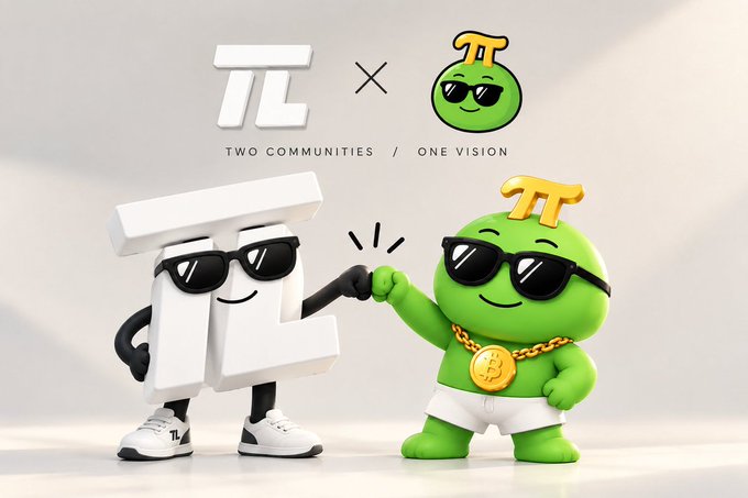Two cartoon mascots — a white "π" symbol wearing sunglasses and a green Pi Network character with a π on its head and a gold medallion — bump fists beneath the logos "πL × π" and the tagline "TWO COMMUNITIES / ONE VISION," visually symbolizing the strategic partnership between PiLife and Pi Network.