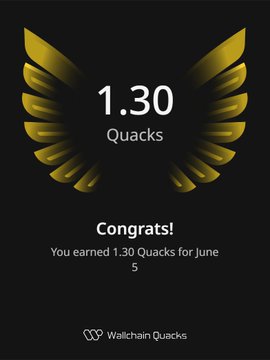 The image shows a poster or card with an illustration of a bird's wing, which has gold and black colors. The text on the card congratulates the user for earning 1.3 Quacks within five days. This achievement could be related to a competition or challenge involving technology, such as a tech-related game or contest where the user scored 1.3 Quacks.