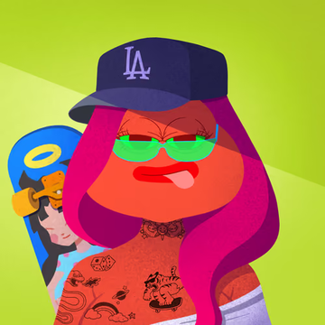 A vibrant cartoon-style NFT artwork features a tattooed woman with bright pink hair, an LA Dodgers cap, and green sunglasses, while a smaller blue-haloed figure peeks from behind her—capturing the bold, edgy aesthetic that aligns with the post's tongue-in-cheek celebration of "spicy jpegs" and proudly flexing collector status.