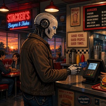 The image features a man wearing a robot costume standing at a restaurant counter, using an AgentCard for payment. The scene includes other people seated at tables with food and drinks, as well as various signs around the restaurant. The post about Alchemy's new integration of AI agents into AgentCards highlights how these cards can be used to make payments without physical contact between the user and the payment terminal, providing a seamless and convenient experience for both parties involved in transactions.