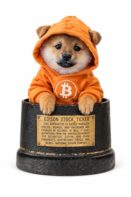 A small Shiba Inu puppy wearing an orange Bitcoin-logo hoodie sits inside a black display stand with a plaque reading 'EDISON STOCK TICKER' describing the historical apparatus.
