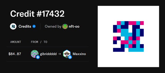 Screenshot of a digital receipt or credit transaction labeled 'Credit #17432,' showing an amount of $84.87 transferred from user 'gibriddddd' to 'Maxxxino,' with a pixelated blue and pink logo on the right.