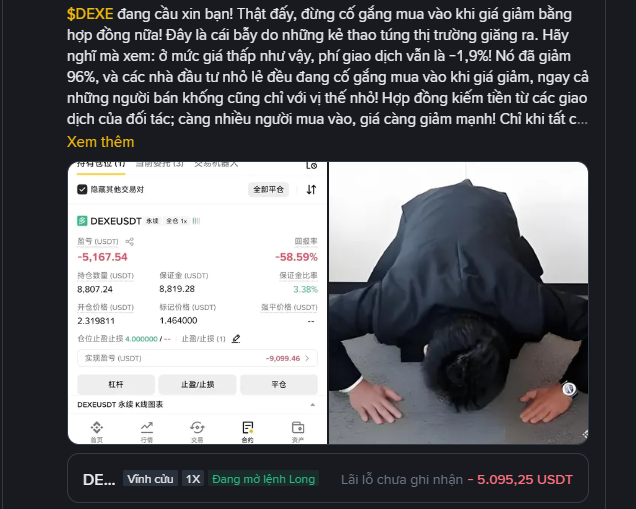 A cryptocurrency trading screenshot shows the DEXE/USDT perpetual contract down 58.59% at $5,167.54, with 8,807 contracts holding worth $8,819.28, displayed alongside an image of a man bowing in frustration, reflecting the post's warning about the dangers of repeatedly catching a falling knife with negative funding contracts.