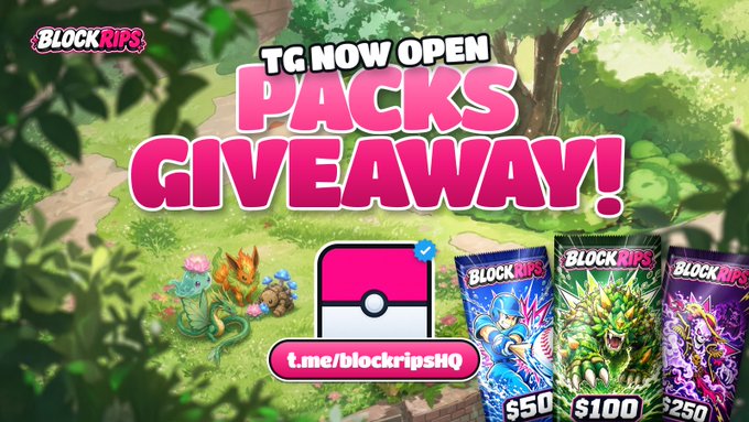 A vibrant promotional graphic for BlockRips announces "TG NOW OPEN PACKS GIVEAWAY!" set against a lush jungle background with animated characters, featuring a pink Pokéball icon linking to "t.me/blockripsHQ" alongside three card packs priced at $50, $100, and $250 to promote their Telegram giveaway for Pokémon, One Piece, and Sports packs.