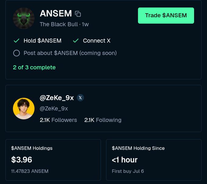 Profile card for $ANSEM ('The Black Bull'), showing 2 of 3 tasks complete with X user @ZeKe_9x (2.1K followers) and holdings of $3.96 / 11.47823 ANSEM.