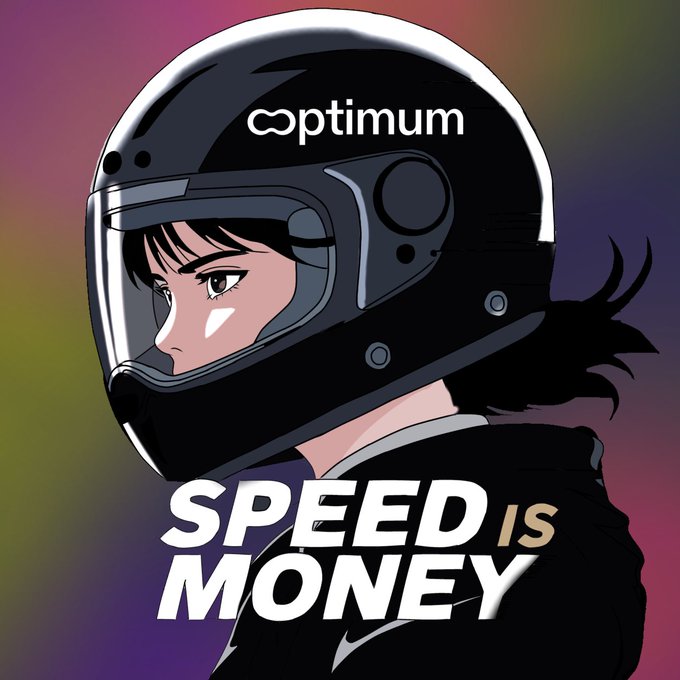 An anime-style illustration of a woman wearing a black motorcycle helmet with 'optimum' branding on it, accompanied by the text 'SPEED IS MONEY' against a colorful gradient background.