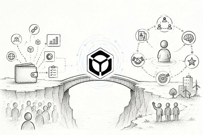 A pencil sketch illustrates a bridge connecting two cliff sides, with a central 3D cube logo linking a wallet and charts on the left to a person and social network icons on the right.