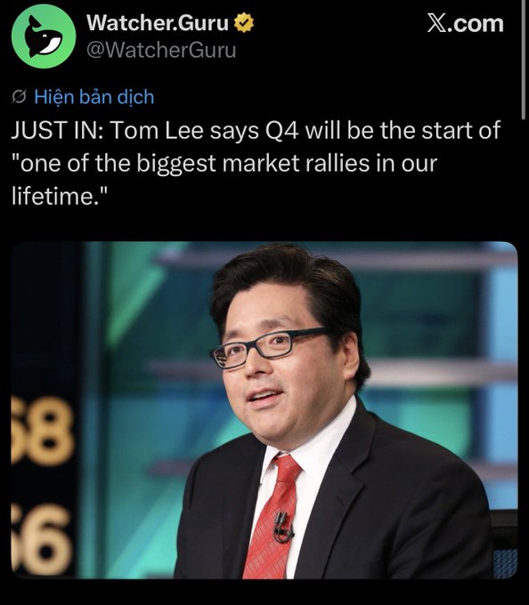 A tweet from @WatcherGuru reading 'JUST IN: Tom Lee says Q4 will be the start of "one of the biggest market rallies in our lifetime."' accompanied by a photo of Tom Lee in a suit and red tie during a TV interview.